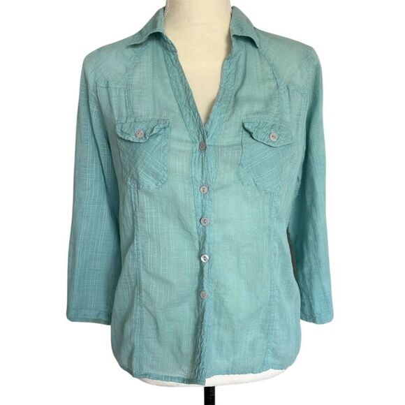 Eden & Olivia Women's 3/4 Sleeve Button-Up Shirt Blue Petites L Casual - Picture 1 of 5